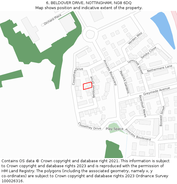 6, BELDOVER DRIVE, NOTTINGHAM, NG8 6DQ: Location map and indicative extent of plot