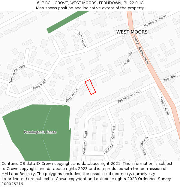 6, BIRCH GROVE, WEST MOORS, FERNDOWN, BH22 0HG: Location map and indicative extent of plot