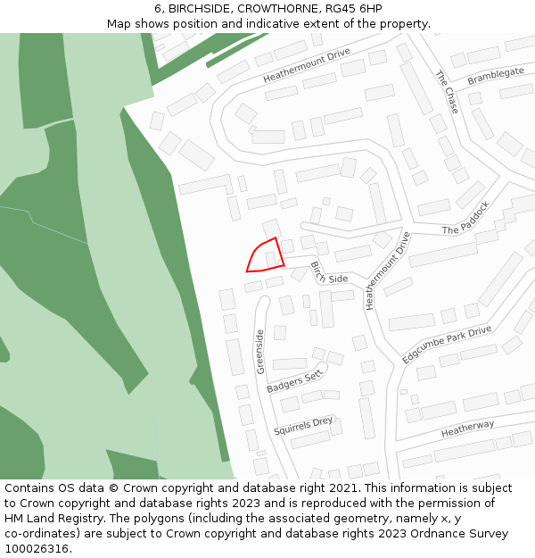 6, BIRCHSIDE, CROWTHORNE, RG45 6HP: Location map and indicative extent of plot