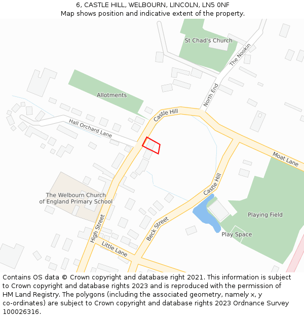 6, CASTLE HILL, WELBOURN, LINCOLN, LN5 0NF: Location map and indicative extent of plot