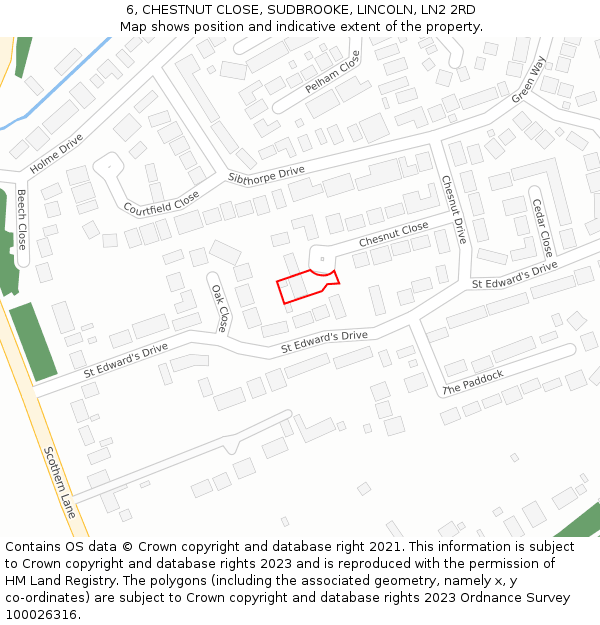 6, CHESTNUT CLOSE, SUDBROOKE, LINCOLN, LN2 2RD: Location map and indicative extent of plot