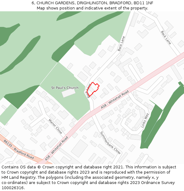 6, CHURCH GARDENS, DRIGHLINGTON, BRADFORD, BD11 1NF: Location map and indicative extent of plot