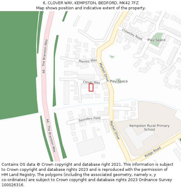 6, CLOVER WAY, KEMPSTON, BEDFORD, MK42 7FZ: Location map and indicative extent of plot