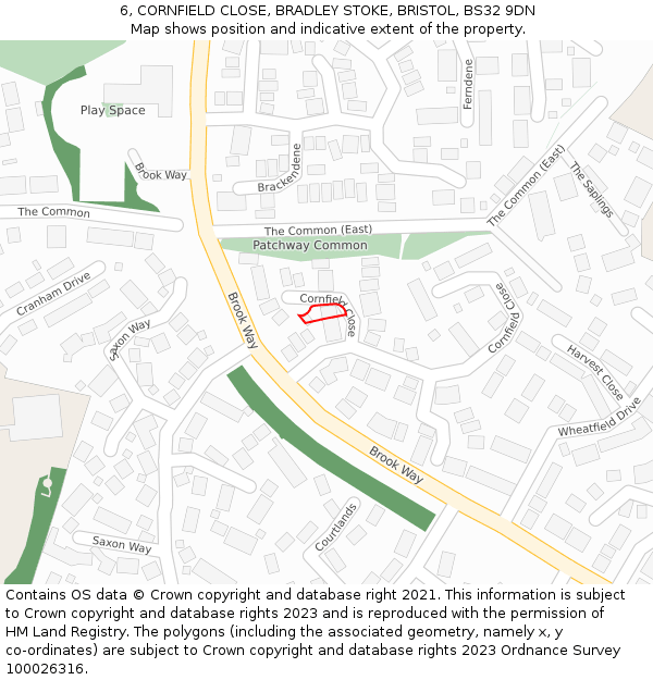 6, CORNFIELD CLOSE, BRADLEY STOKE, BRISTOL, BS32 9DN: Location map and indicative extent of plot