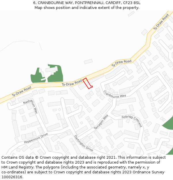 6, CRANBOURNE WAY, PONTPRENNAU, CARDIFF, CF23 8SL: Location map and indicative extent of plot