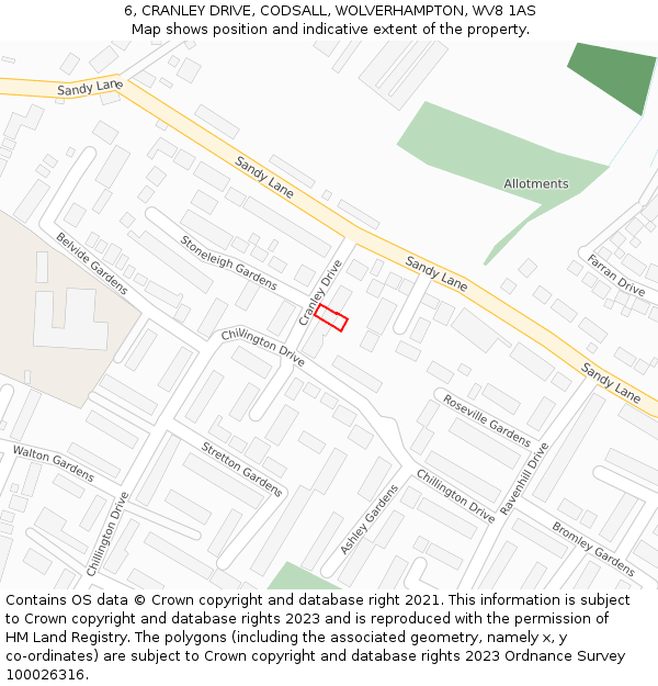 6, CRANLEY DRIVE, CODSALL, WOLVERHAMPTON, WV8 1AS: Location map and indicative extent of plot