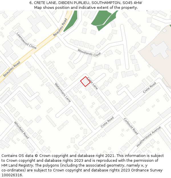 6, CRETE LANE, DIBDEN PURLIEU, SOUTHAMPTON, SO45 4HW: Location map and indicative extent of plot