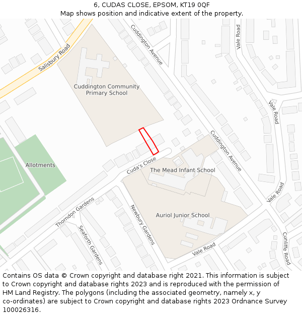 6, CUDAS CLOSE, EPSOM, KT19 0QF: Location map and indicative extent of plot