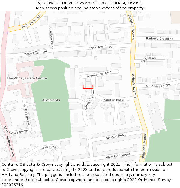 6, DERWENT DRIVE, RAWMARSH, ROTHERHAM, S62 6FE: Location map and indicative extent of plot