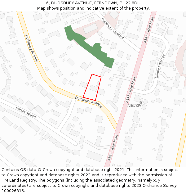 6, DUDSBURY AVENUE, FERNDOWN, BH22 8DU: Location map and indicative extent of plot