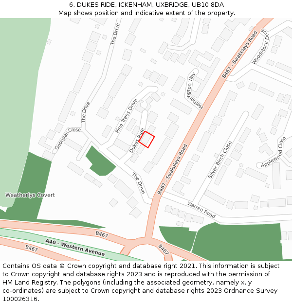 6, DUKES RIDE, ICKENHAM, UXBRIDGE, UB10 8DA: Location map and indicative extent of plot