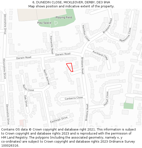 6, DUNEDIN CLOSE, MICKLEOVER, DERBY, DE3 9NA: Location map and indicative extent of plot