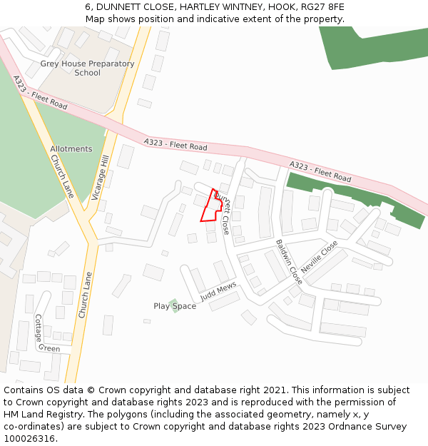 6, DUNNETT CLOSE, HARTLEY WINTNEY, HOOK, RG27 8FE: Location map and indicative extent of plot