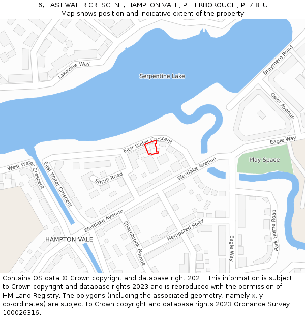 6, EAST WATER CRESCENT, HAMPTON VALE, PETERBOROUGH, PE7 8LU: Location map and indicative extent of plot