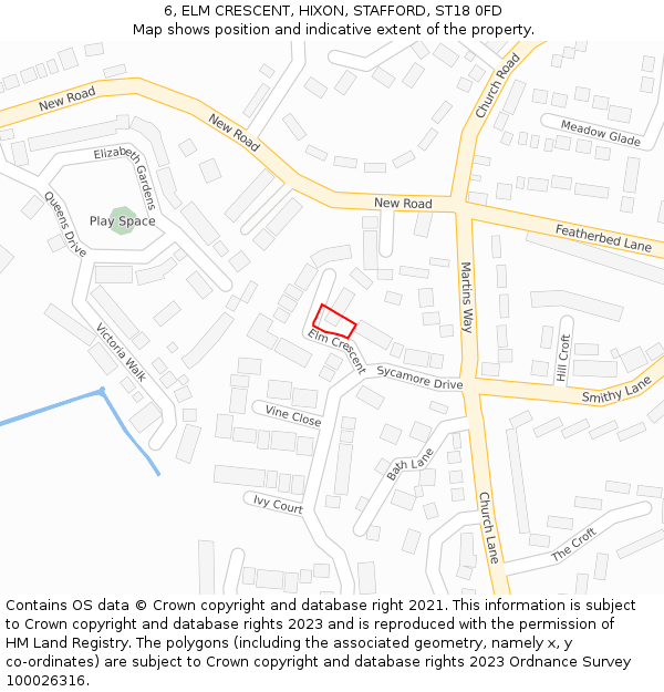 6, ELM CRESCENT, HIXON, STAFFORD, ST18 0FD: Location map and indicative extent of plot