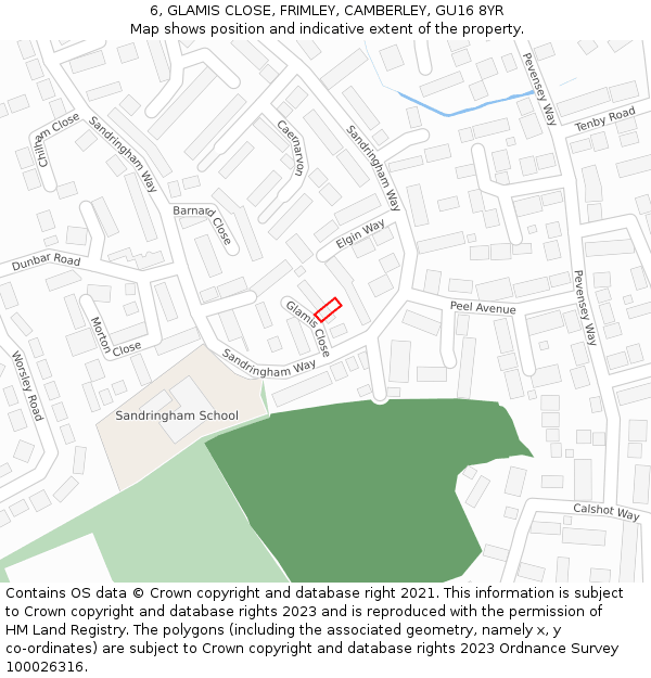 6, GLAMIS CLOSE, FRIMLEY, CAMBERLEY, GU16 8YR: Location map and indicative extent of plot