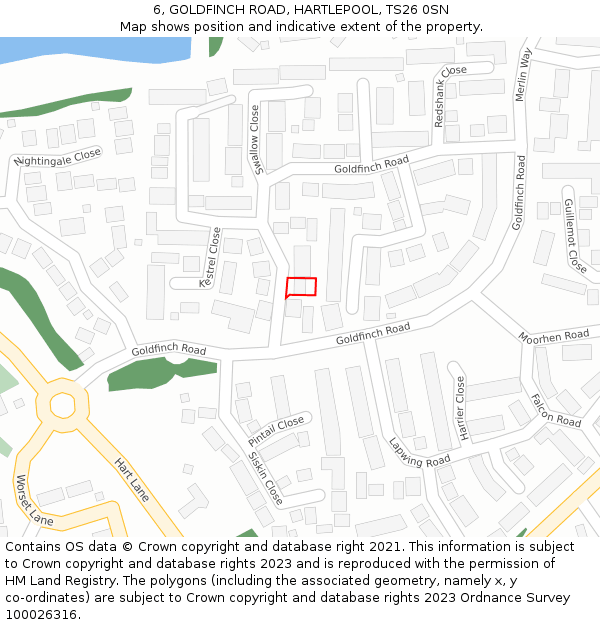 6, GOLDFINCH ROAD, HARTLEPOOL, TS26 0SN: Location map and indicative extent of plot