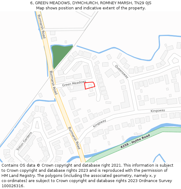 6, GREEN MEADOWS, DYMCHURCH, ROMNEY MARSH, TN29 0JS: Location map and indicative extent of plot