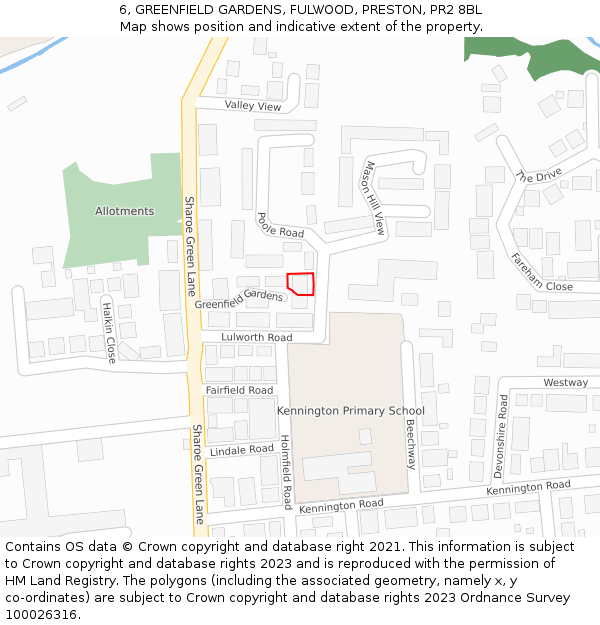 6, GREENFIELD GARDENS, FULWOOD, PRESTON, PR2 8BL: Location map and indicative extent of plot