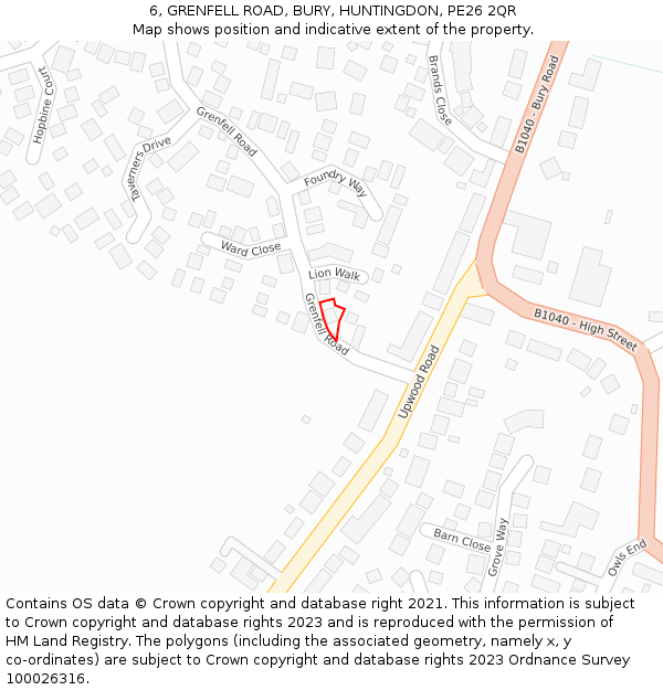 6, GRENFELL ROAD, BURY, HUNTINGDON, PE26 2QR: Location map and indicative extent of plot