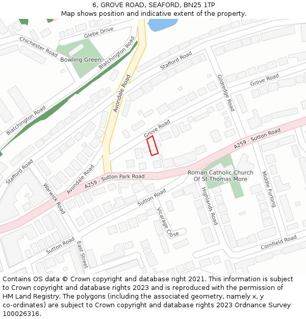 6, GROVE ROAD, SEAFORD, BN25 1TP: Location map and indicative extent of plot