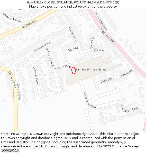 6, HANLEY CLOSE, STALMINE, POULTON-LE-FYLDE, FY6 0QQ: Location map and indicative extent of plot