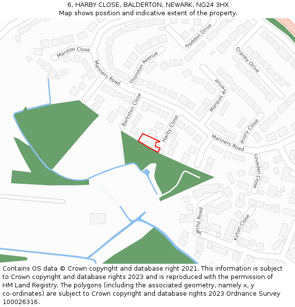 6, HARBY CLOSE, BALDERTON, NEWARK, NG24 3HX: Location map and indicative extent of plot