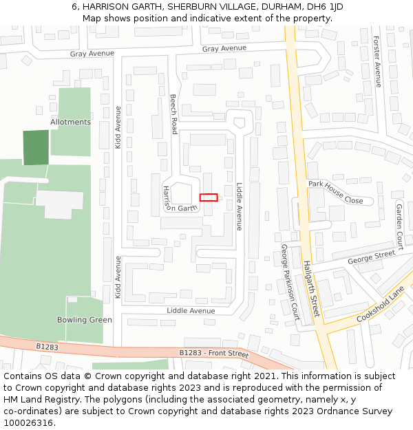 6, HARRISON GARTH, SHERBURN VILLAGE, DURHAM, DH6 1JD: Location map and indicative extent of plot