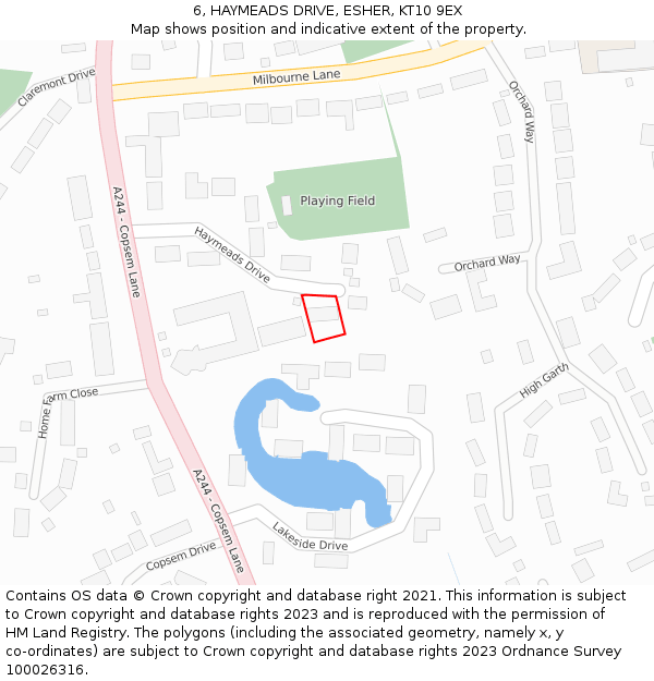 6, HAYMEADS DRIVE, ESHER, KT10 9EX: Location map and indicative extent of plot