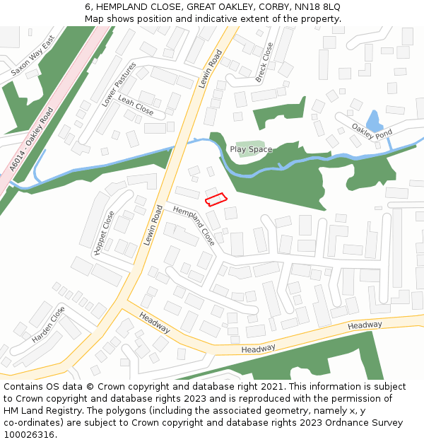 6, HEMPLAND CLOSE, GREAT OAKLEY, CORBY, NN18 8LQ: Location map and indicative extent of plot