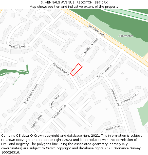 6, HENNALS AVENUE, REDDITCH, B97 5RX: Location map and indicative extent of plot