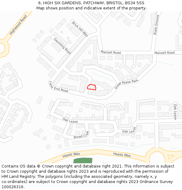 6, HIGH SIX GARDENS, PATCHWAY, BRISTOL, BS34 5SS: Location map and indicative extent of plot