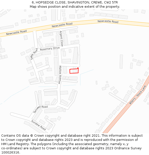 6, HOPSEDGE CLOSE, SHAVINGTON, CREWE, CW2 5TR: Location map and indicative extent of plot