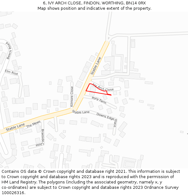 6, IVY ARCH CLOSE, FINDON, WORTHING, BN14 0RX: Location map and indicative extent of plot