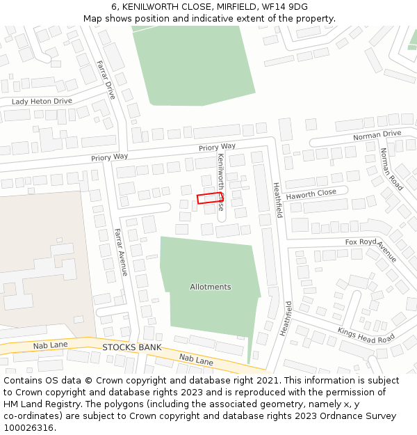 6, KENILWORTH CLOSE, MIRFIELD, WF14 9DG: Location map and indicative extent of plot