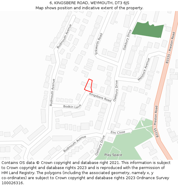 6, KINGSBERE ROAD, WEYMOUTH, DT3 6JS: Location map and indicative extent of plot