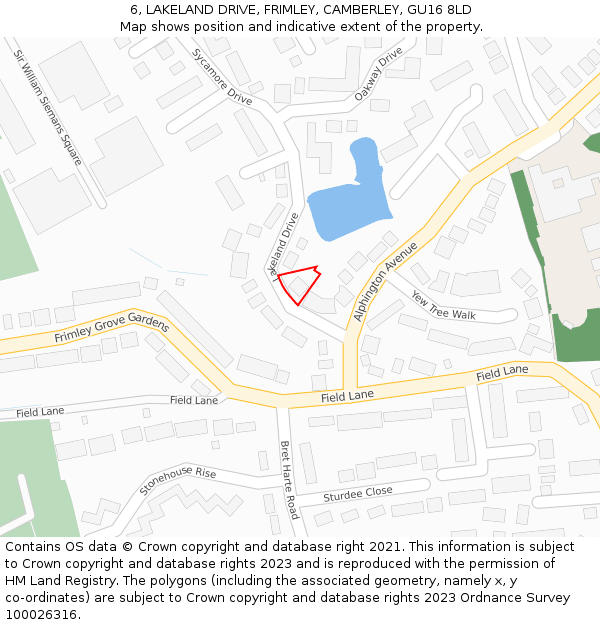 6, LAKELAND DRIVE, FRIMLEY, CAMBERLEY, GU16 8LD: Location map and indicative extent of plot