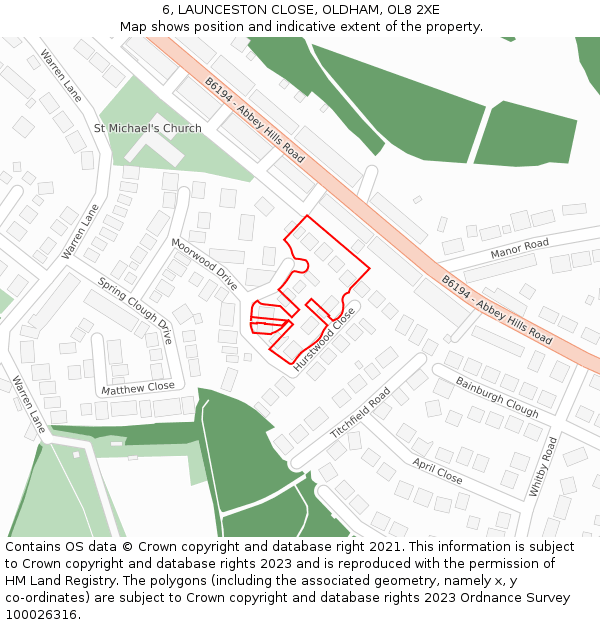 6, LAUNCESTON CLOSE, OLDHAM, OL8 2XE: Location map and indicative extent of plot