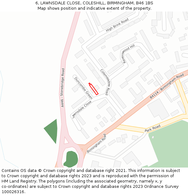 6, LAWNSDALE CLOSE, COLESHILL, BIRMINGHAM, B46 1BS: Location map and indicative extent of plot