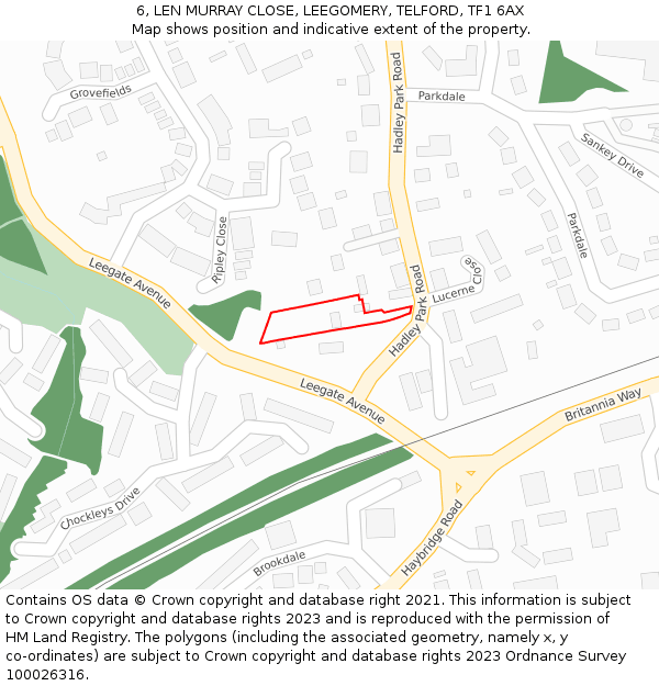 6, LEN MURRAY CLOSE, LEEGOMERY, TELFORD, TF1 6AX: Location map and indicative extent of plot