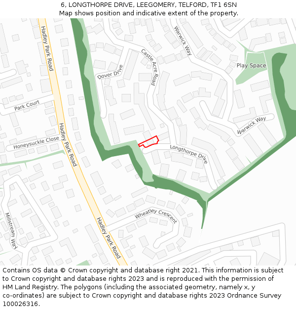 6, LONGTHORPE DRIVE, LEEGOMERY, TELFORD, TF1 6SN: Location map and indicative extent of plot