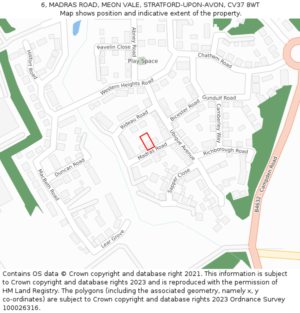 6, MADRAS ROAD, MEON VALE, STRATFORD-UPON-AVON, CV37 8WT: Location map and indicative extent of plot