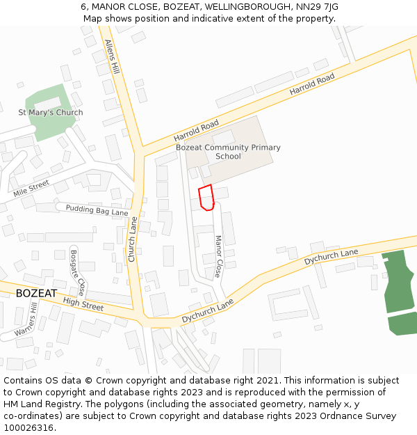 6, MANOR CLOSE, BOZEAT, WELLINGBOROUGH, NN29 7JG: Location map and indicative extent of plot