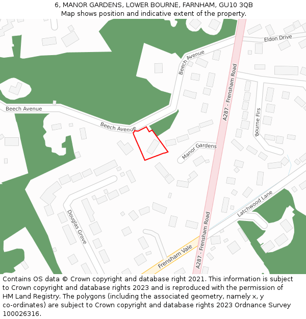 6, MANOR GARDENS, LOWER BOURNE, FARNHAM, GU10 3QB: Location map and indicative extent of plot