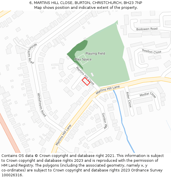 6, MARTINS HILL CLOSE, BURTON, CHRISTCHURCH, BH23 7NP: Location map and indicative extent of plot