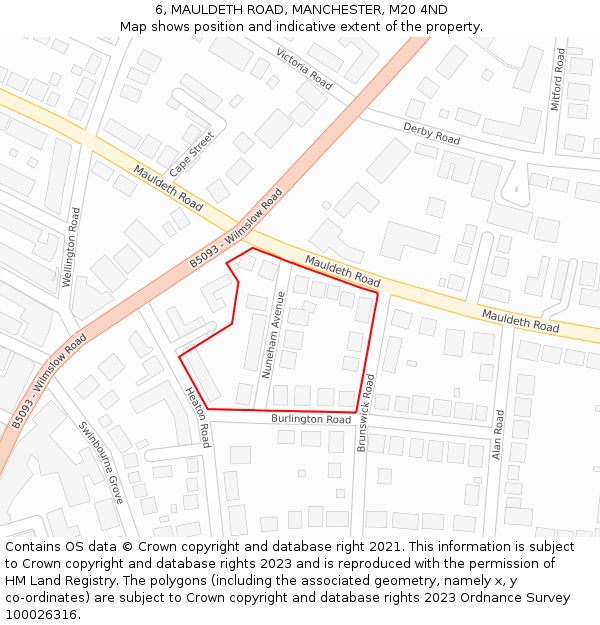 6, MAULDETH ROAD, MANCHESTER, M20 4ND: Location map and indicative extent of plot