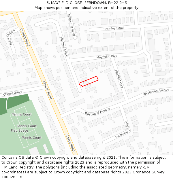 6, MAYFIELD CLOSE, FERNDOWN, BH22 9HS: Location map and indicative extent of plot