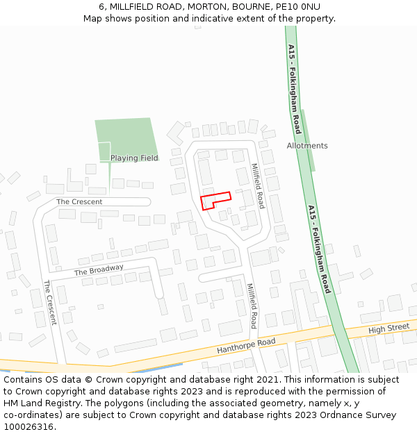 6, MILLFIELD ROAD, MORTON, BOURNE, PE10 0NU: Location map and indicative extent of plot