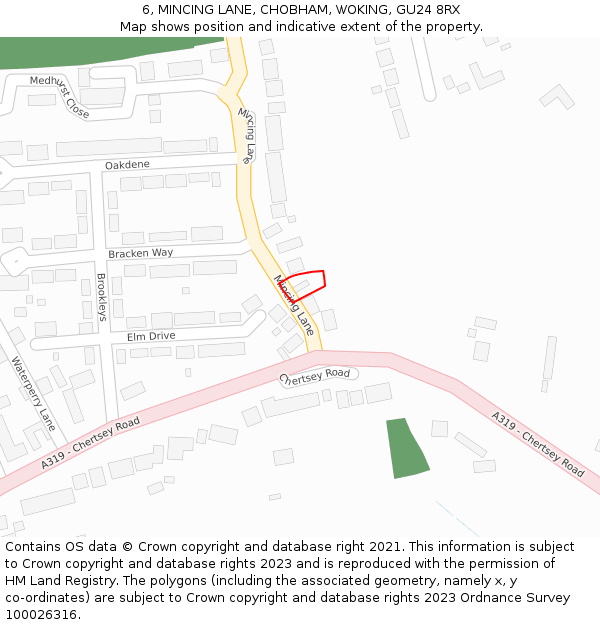 6, MINCING LANE, CHOBHAM, WOKING, GU24 8RX: Location map and indicative extent of plot