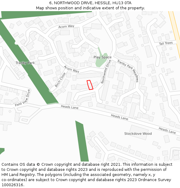 6, NORTHWOOD DRIVE, HESSLE, HU13 0TA: Location map and indicative extent of plot